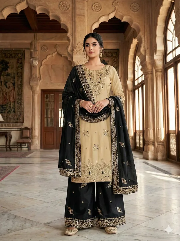 Cream_Black_Zmy_Silk_Straight_Suit_Set_For_Women
