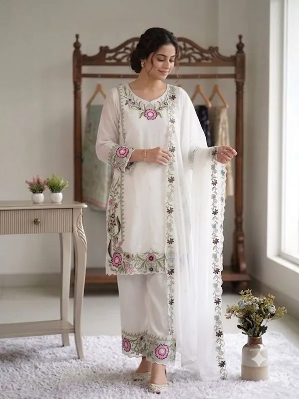 White_Faux_Georgette_Straight_Embroidered_Kurta_Set_For_Women