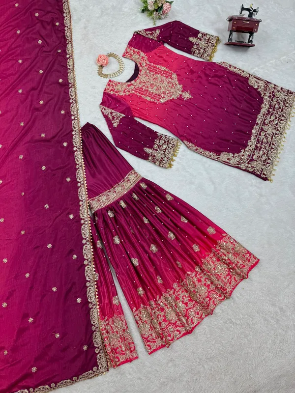 Magenta_Chinnon_Silk_Embroidered_Sharara_Suit_Set_For_Women