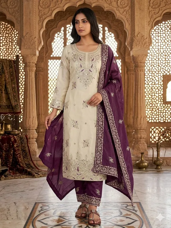 Cream_Purple_Zmy_Silk_Straight_Suit_Set_For_Women