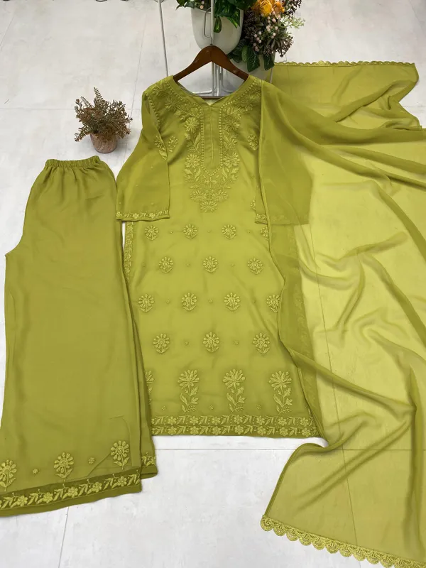 Olive_Green_Faux_Georgette_Straight_Kurta_Set_For_Women