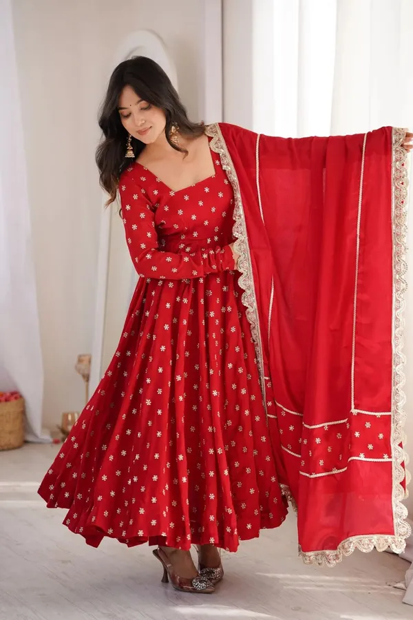Red_Chinon_Silk_Flared_Anarkali_Dress_Set_For_Women