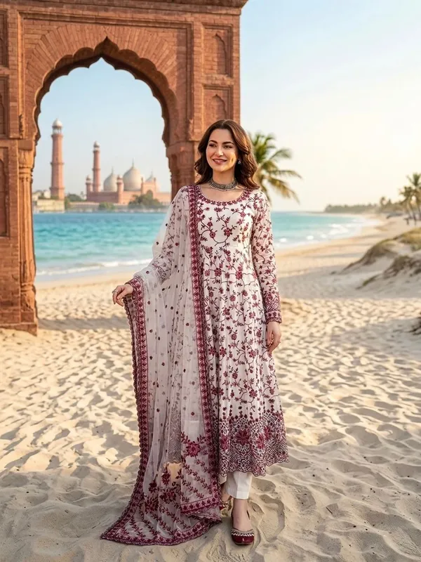 White_Faux_Georgette_Floral_Print_Anarkali_Suit_Set_For_Women
