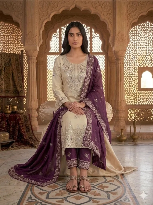 Cream_Purple_Zmy_Silk_Straight_Suit_Set_For_Women