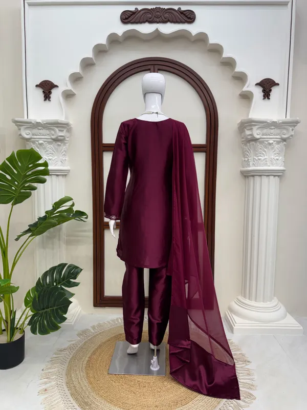 Wine_American_Silk_Straight_Embroidered_Kurta_Set_For_Women