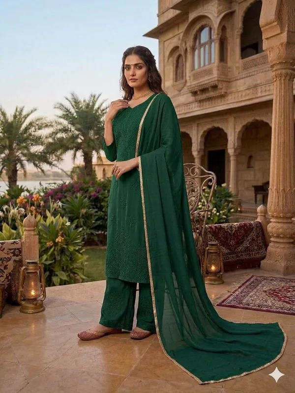 Green_Faux_Georgette_Straight_Embroidered_Kurta_Set_For_Women