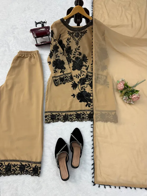 Beige_Faux_Georgette_Straight_Embroidered_Kurta_Set_For_Women