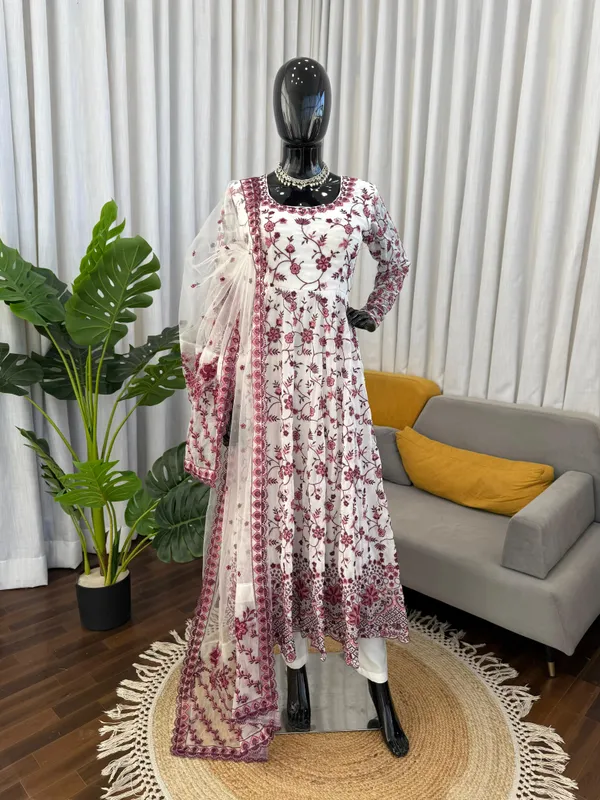 White_Faux_Georgette_Floral_Print_Anarkali_Suit_Set_For_Women