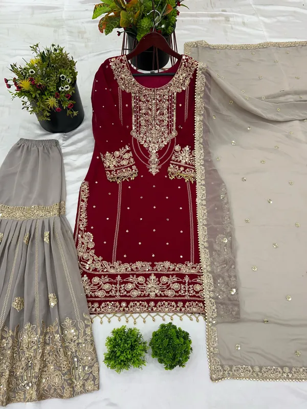 Maroon_Grey_Georgette_Embroidered_Sharara_Suit_Set_For_Women