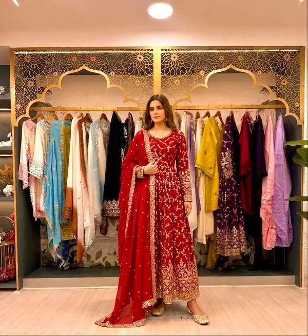 Red_Chinon_Silk_Flared_Embroidered_Anarkali_Suit_For_Women
