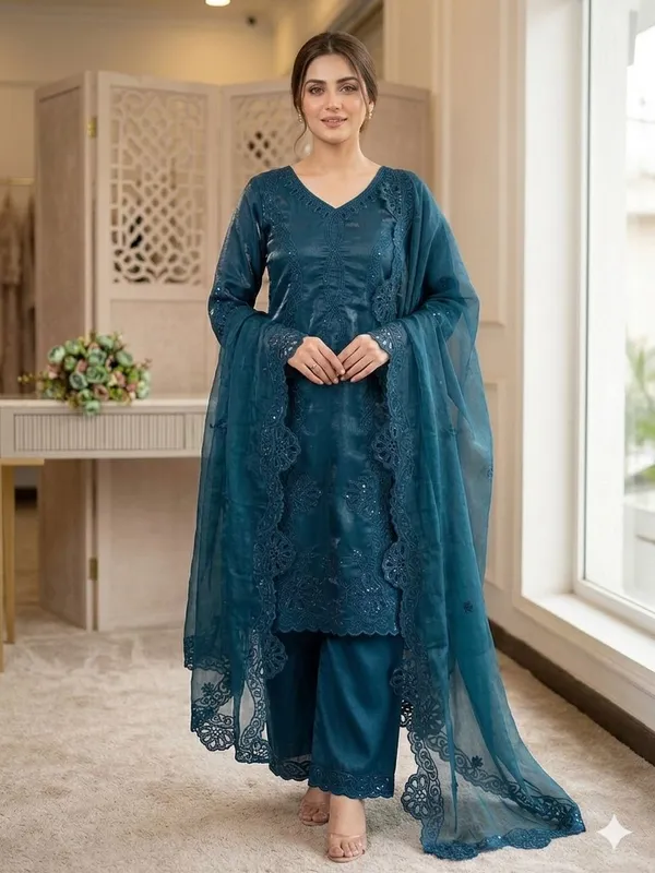Teal_Silk_Embroidered_Straight_Kurta_Set_For_Women