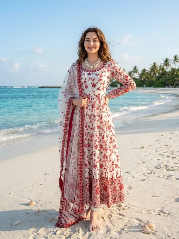 White_Faux_Georgette_Floral_Print_Anarkali_Suit_Set_For_Women