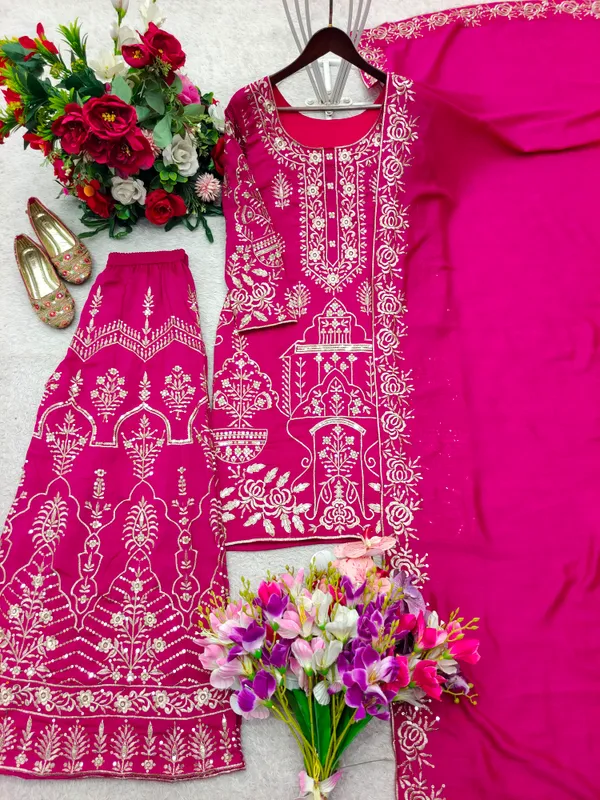 Magenta_Vichitra_Silk_Straight_Embroidered_Kurta_Set_For_Women