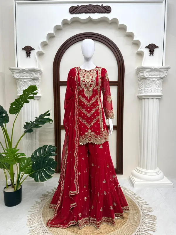Red_Faux_Georgette_Flared_Sharara_Set_For_Women