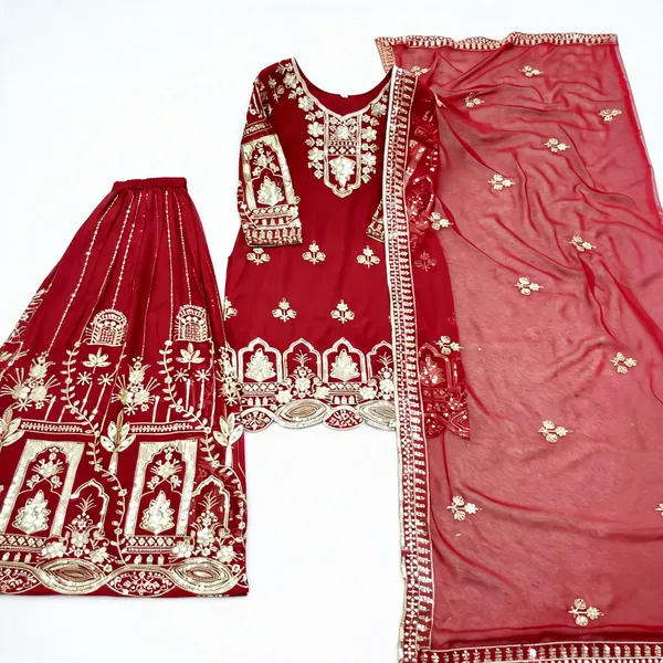 Red_Faux_Georgette_Embroidered_Lehenga_Choli_Set_For_Women