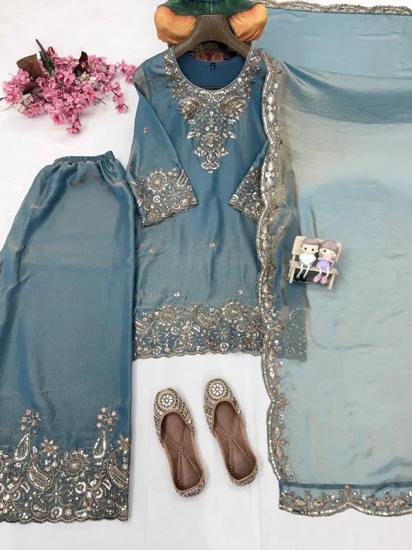 Teal_Silk_Straight_Suit_Set_For_Women