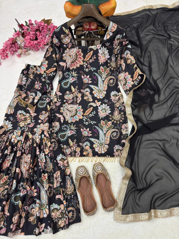 Black_Muslin_Cotton_Floral_Print_Sharara_Set_For_Women
