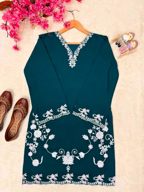 Teal_French_Crepe_Embroidered_Straight_Kurta_Set_For_Women