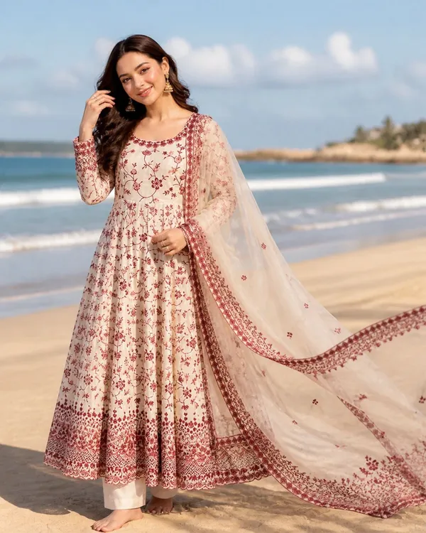 White_Faux_Georgette_Floral_Print_Anarkali_Suit_Set_For_Women