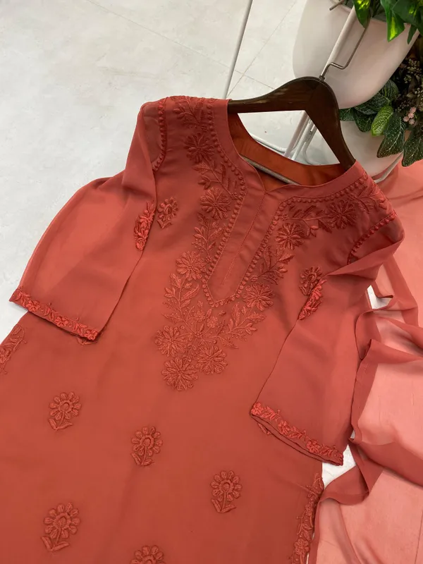 Rust_Faux_Georgette_Embroidered_Straight_Kurta_Set_For_Women