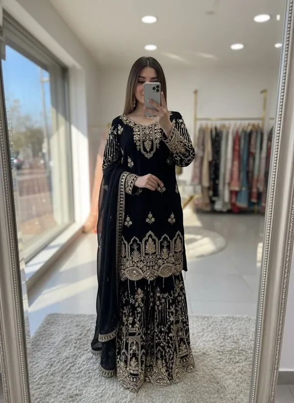 Black_Faux_Georgette_Embroidered_Sharara_Suit_For_Women