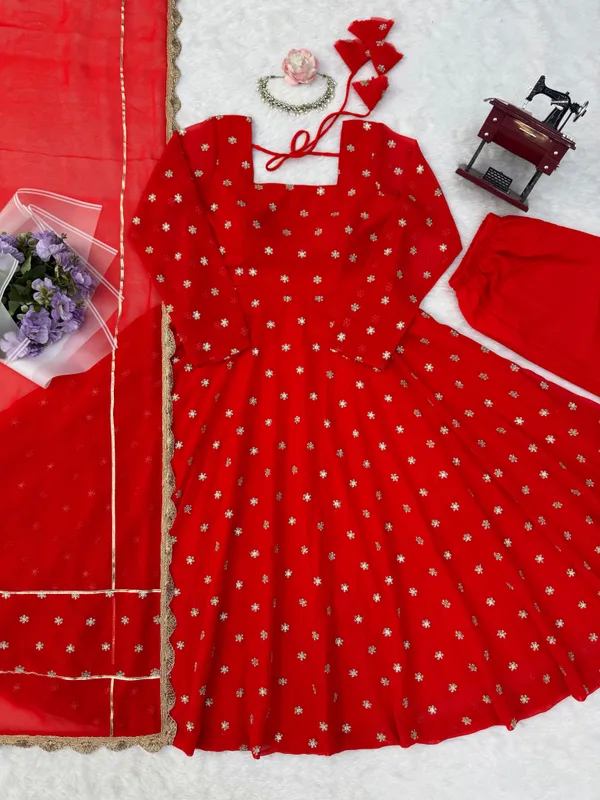 Red_Chinon_Silk_Flared_Anarkali_Dress_Set_For_Women