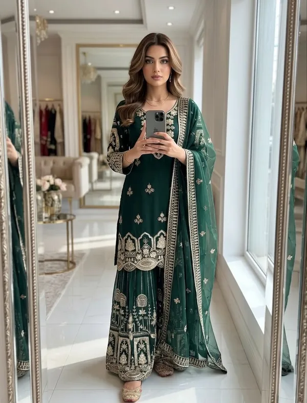 Dark_Green_Faux_Georgette_Embroidered_Sharara_Suit_For_Women