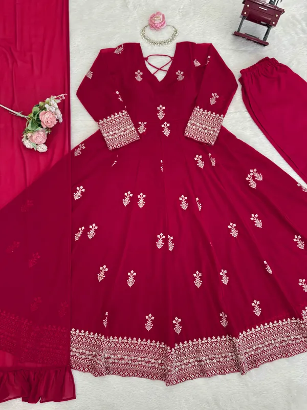 Red_Faux_Georgette_Flared_Anarkali_Suit_Set_For_Women