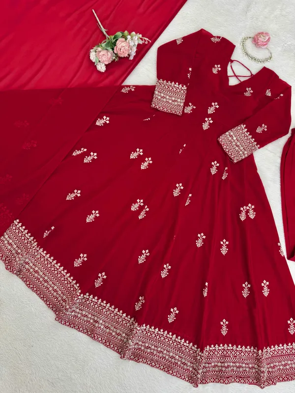 Red_Faux_Georgette_Flared_Anarkali_Suit_Set_For_Women