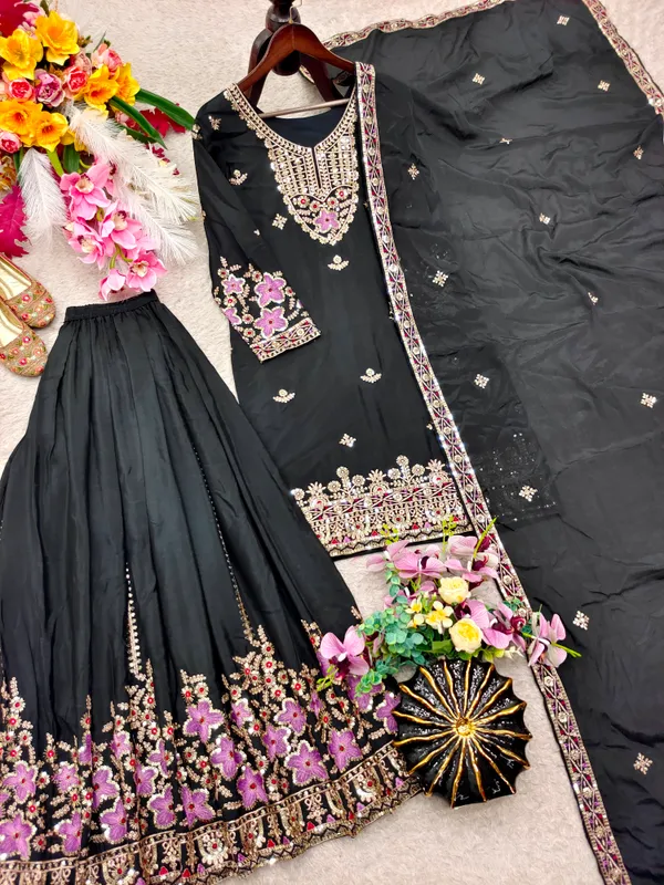 Black_Chinon_Silk_Straight_Embroidered_Kurta_Sharara_Set_For_Women