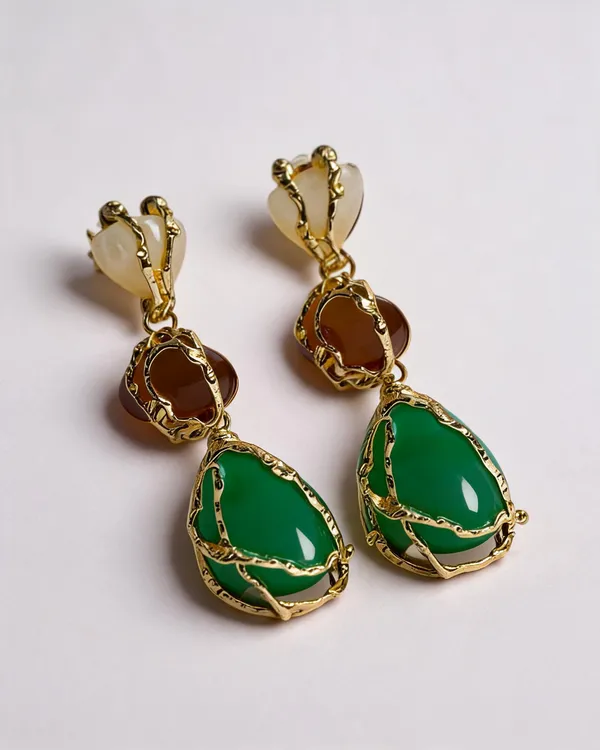 Gold_Green_Stainless_Steel_Three_Stone_Drop_Earrings_For_Women