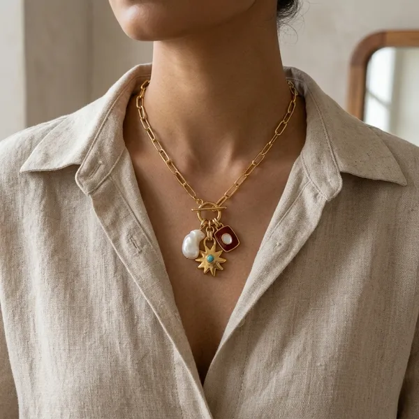 Gold_Electroplated_Paperclip_Chain_Multi_Charm_Necklace_For_Women