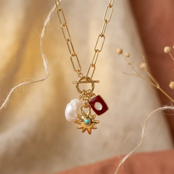 Gold_Electroplated_Paperclip_Chain_Multi_Charm_Necklace_For_Women