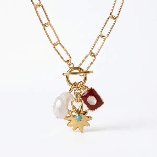 Gold_Electroplated_Paperclip_Chain_Multi_Charm_Necklace_For_Women