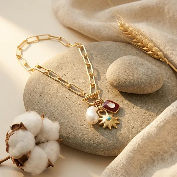 Gold_Electroplated_Paperclip_Chain_Multi_Charm_Necklace_For_Women