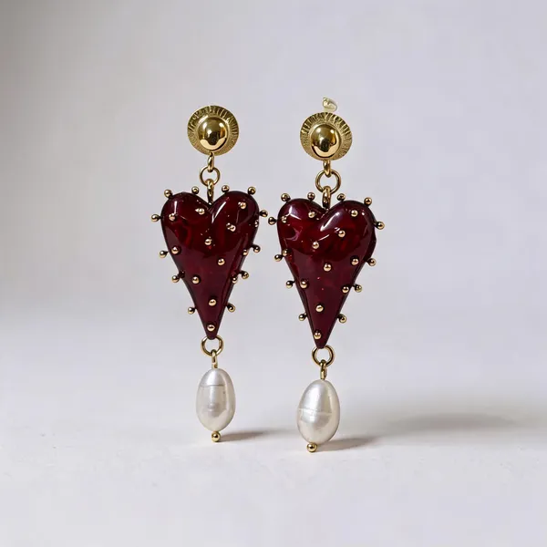 Gold_Red_Stainless_Steel_Heart_Pearl_Drop_Earrings_For_Women