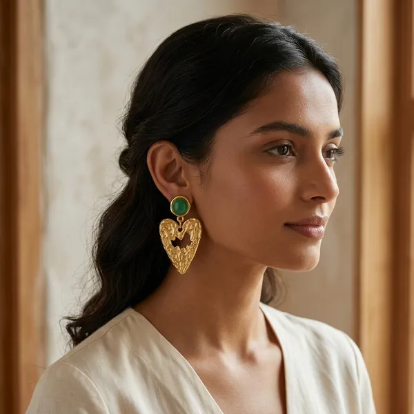 Gold_Tone_Green_Stone_Open_Heart_Drop_Earrings_For_Women