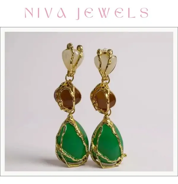 Gold_Green_Stainless_Steel_Three_Stone_Drop_Earrings_For_Women