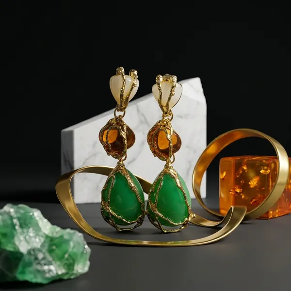 Gold_Green_Stainless_Steel_Three_Stone_Drop_Earrings_For_Women