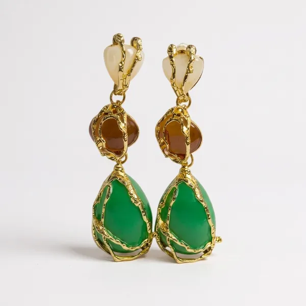 Gold_Green_Stainless_Steel_Three_Stone_Drop_Earrings_For_Women