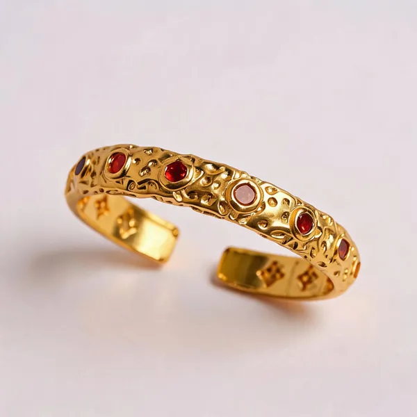 Gold_Stainless_Steel_Red_Stone_Embossed_Cuff_Bracelet_For_Women