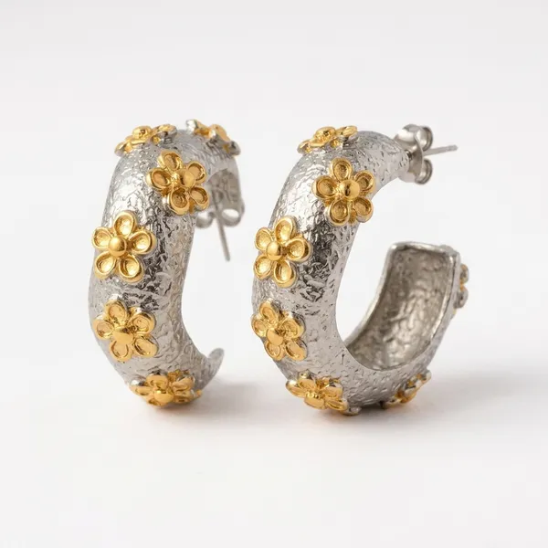 Gold_Silver_Two_Tone_Floral_Hoop_Earrings_For_Women