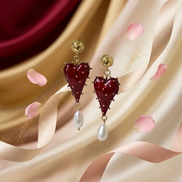 Gold_Red_Stainless_Steel_Heart_Pearl_Drop_Earrings_For_Women