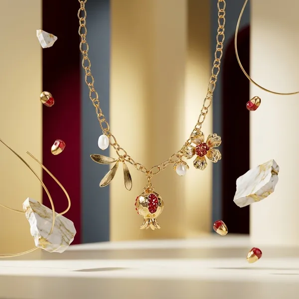 Gold_Stainless_Steel_Floral_Pomegranate_Charm_Necklace_For_Women