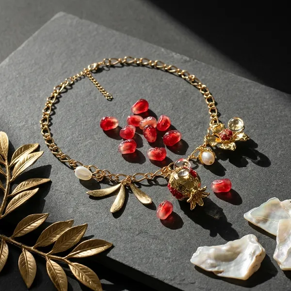 Gold_Stainless_Steel_Floral_Pomegranate_Charm_Necklace_For_Women