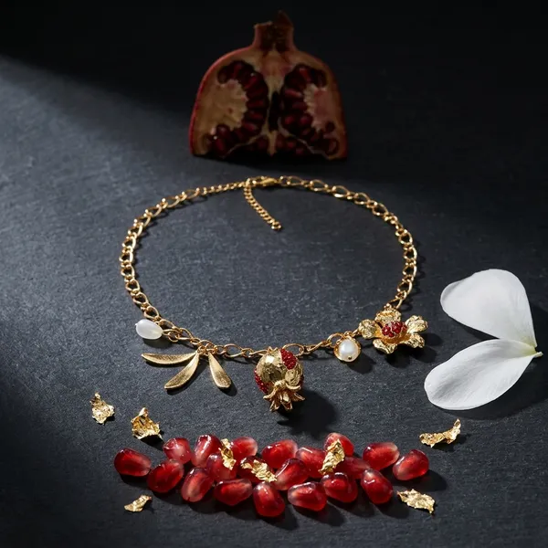 Gold_Stainless_Steel_Floral_Pomegranate_Charm_Necklace_For_Women