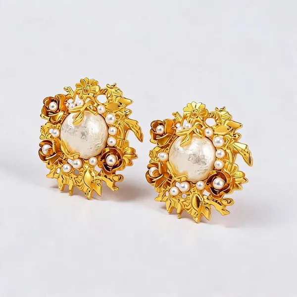 Gold_Stainless_Steel_Floral_Pearl_Stud_Earrings_For_Women