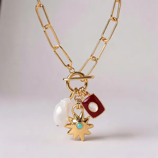 Gold_Electroplated_Paperclip_Chain_Multi_Charm_Necklace_For_Women