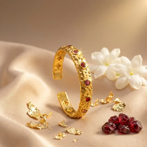 Gold_Stainless_Steel_Red_Stone_Embossed_Cuff_Bracelet_For_Women