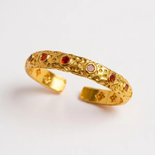 Gold_Stainless_Steel_Red_Stone_Embossed_Cuff_Bracelet_For_Women
